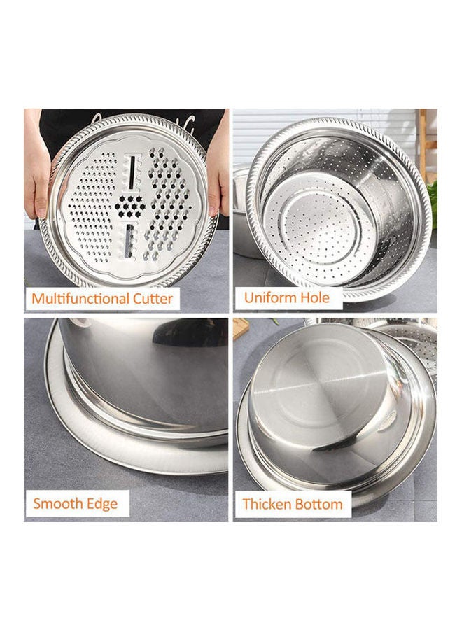 Multifunctional Stainless Steel Basin With Grater Vegetable Cutter With Drain Basket Bowl Set 3 In 1 Silver 30cm - Image 3