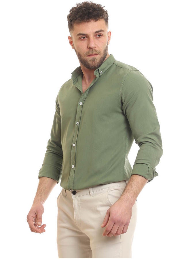 Andora - Casual Plain Basic Collared Neck Shirt Dark Green - Image 1