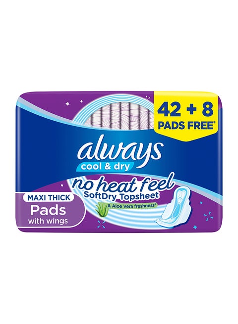 Cool And Dry Maxi Thick, Large Sanitary Pads With Wings, 50 Count White