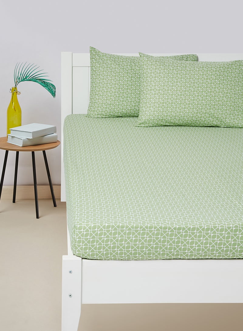 Amal - Fitted Bedsheet Set Twin Size High Quality 100% Cotton Percale 144 TC Light Weight Everyday Use 1 Bed Sheet And 2 Pillow Cases Printed Geometric Light Green Cotton Geometric Light Green - Image 1