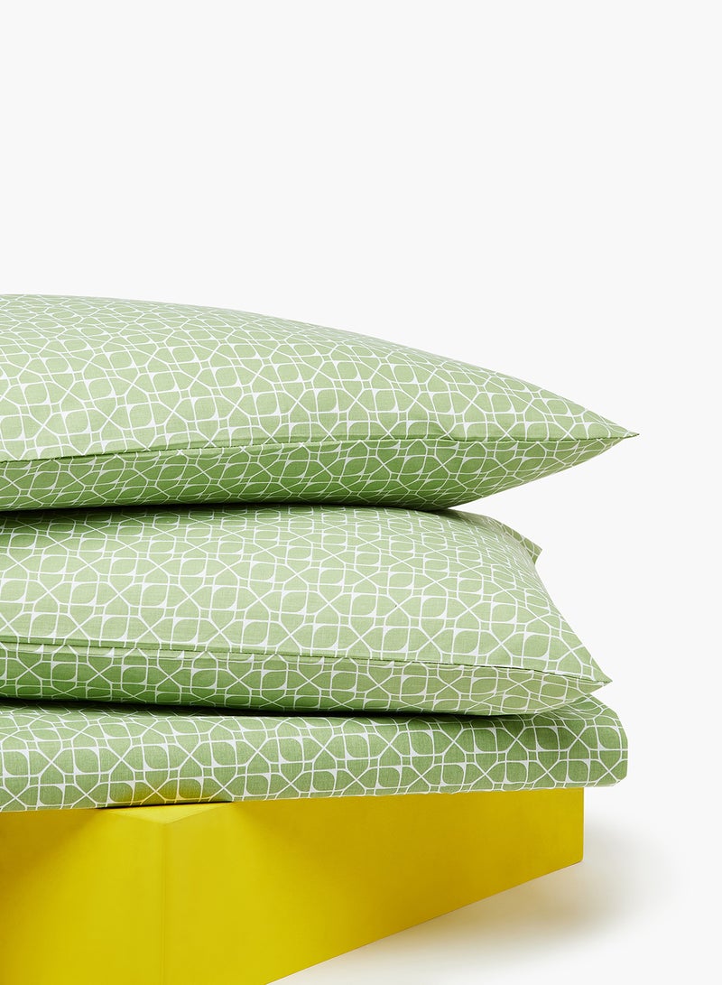 Amal - Fitted Bedsheet Set Twin Size High Quality 100% Cotton Percale 144 TC Light Weight Everyday Use 1 Bed Sheet And 2 Pillow Cases Printed Geometric Light Green Cotton Geometric Light Green - Image 1
