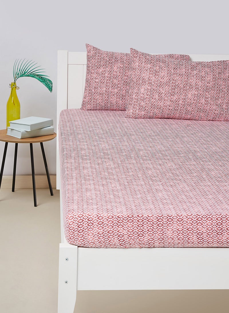 Amal - Fitted Bedsheet Set Twin Size High Quality 100% Cotton Percale 144 TC Light Weight Everyday Use 1 Bed Sheet And 2 Pillow Cases Printed Red Cotton Red - Image 1