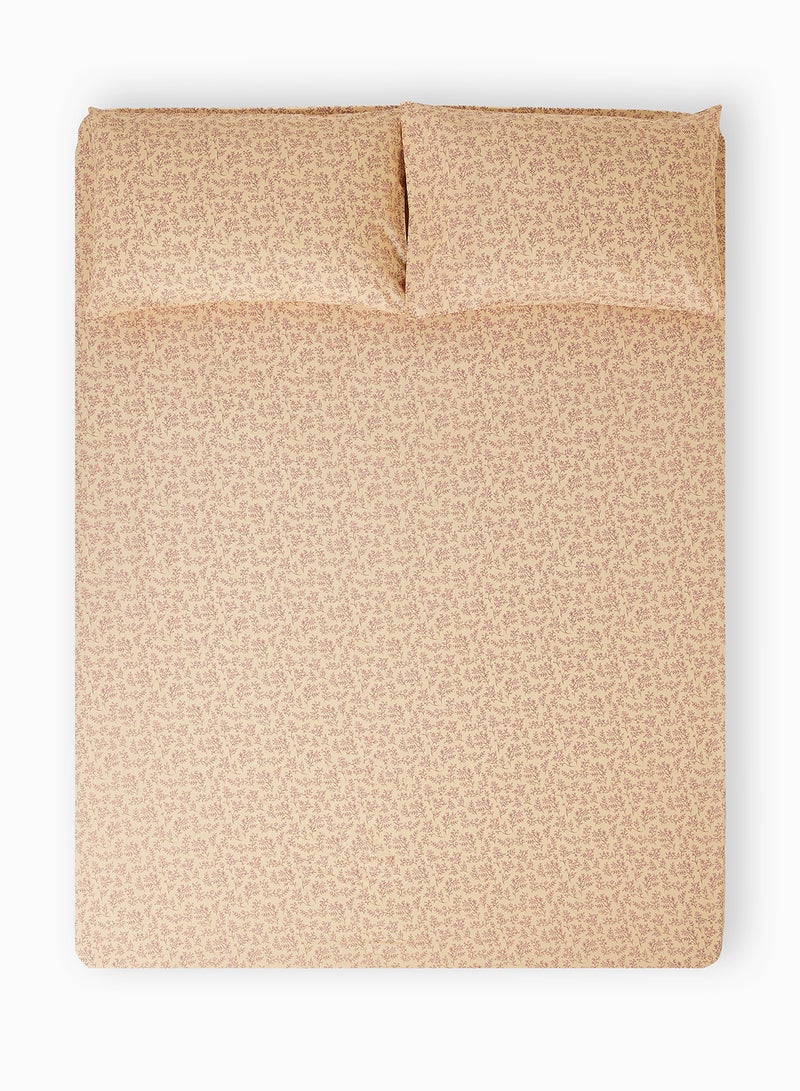 Amal - Fitted Bedsheet Set Twin Size High Quality 100% Cotton Percale 144 TC Light Weight Everyday Use 1 Bed Sheet And 2 Pillow Cases Printed Peach Leaves Cotton Peach Leaves 120 x 200 + 33cm - Image 1