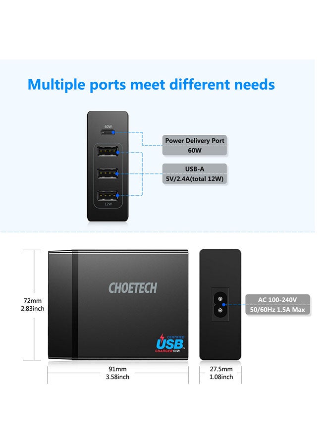 CHOETECH - PD 72W 4-Port Desktop Charger Black - Image 1