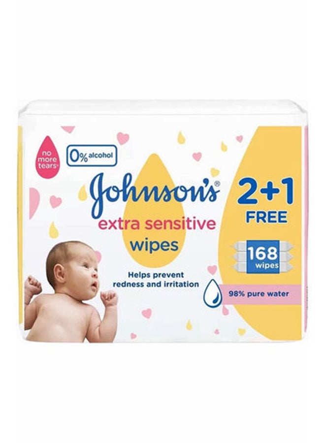 Johnson's Pack of 2 Plus 1 Free Extra Sensitive Baby Wipes With Ultra-gentle and Delicate Care  - Image 1