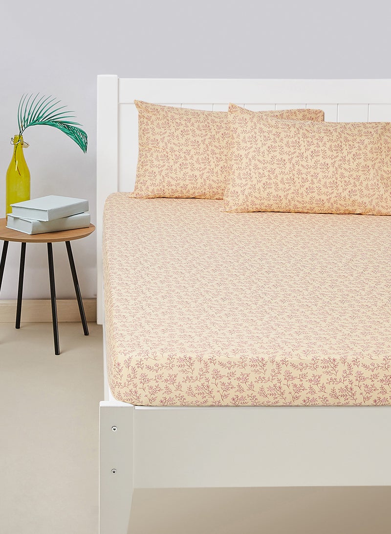 Amal - Fitted Bedsheet Set Twin Size High Quality 100% Cotton Percale 144 TC Light Weight Everyday Use 1 Bed Sheet And 2 Pillow Cases Printed Peach Leaves Cotton Peach Leaves 120 x 200 + 33cm - Image 1
