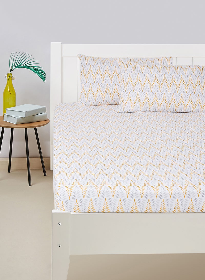 Amal Fitted Bedsheet Set Super King Size High Quality 100% Cotton Percale 144 TC Light Weight Everyday Use 1 Bed Sheet 200x200+33 And 2 Pillow Cases 50x75 cm Printed Chevron Gold Cotton Chevron Gold Super King - Image 2