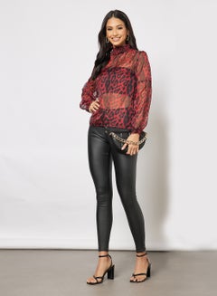 Aila Casual Stylish Leopard Print See Thru Top With Cami Long Sleeves Red  - Image 4