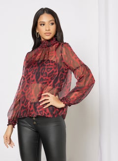Aila Casual Stylish Leopard Print See Thru Top With Cami Long Sleeves Red  - Image 1