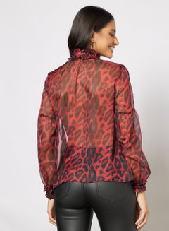 Aila Casual Stylish Leopard Print See Thru Top With Cami Long Sleeves Red  - Image 2