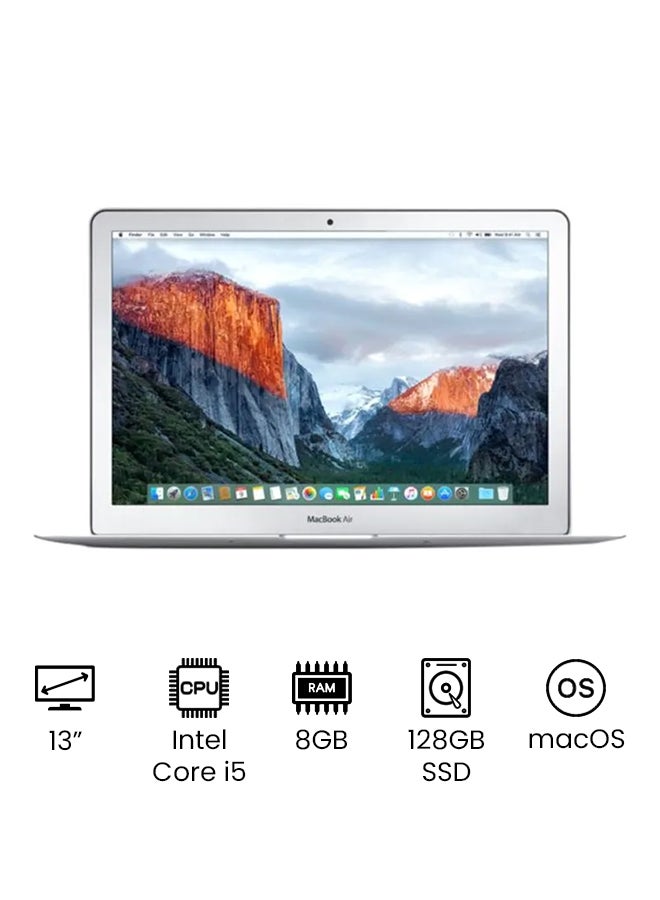 ماك بوك آير شاشة ريتينا 13.3 بوصة بمعالج كور i5 وذاكرة رام 8 جيجابايت ومحرك أقراص SSD سعة 128 جيجابايت مزود ببطاقة رسومات مدمجة ولوحة مفاتيح باللغة الإنجليزية واللغة العربية - 2017 فضي