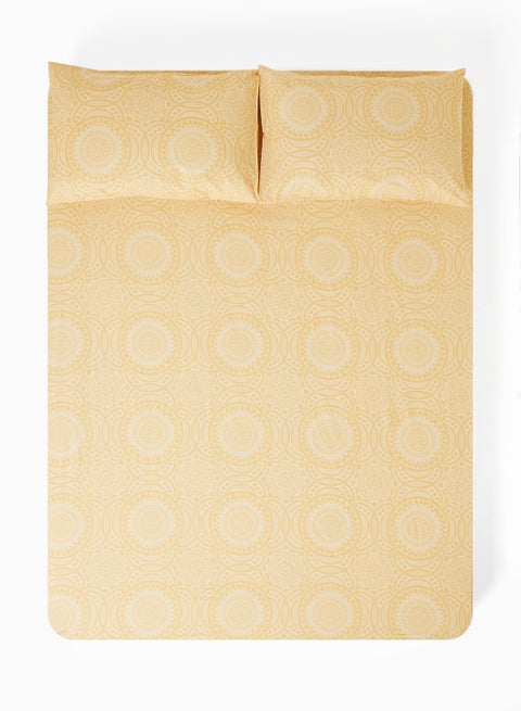 Fitted Bedsheet Set King Size  100% Cotton Percale Light Weight Everyday Use 180 TC High Quality 1 Bed Sheet And 2 Pillow Cases Printed Design Granada Gold Color Granada Gold