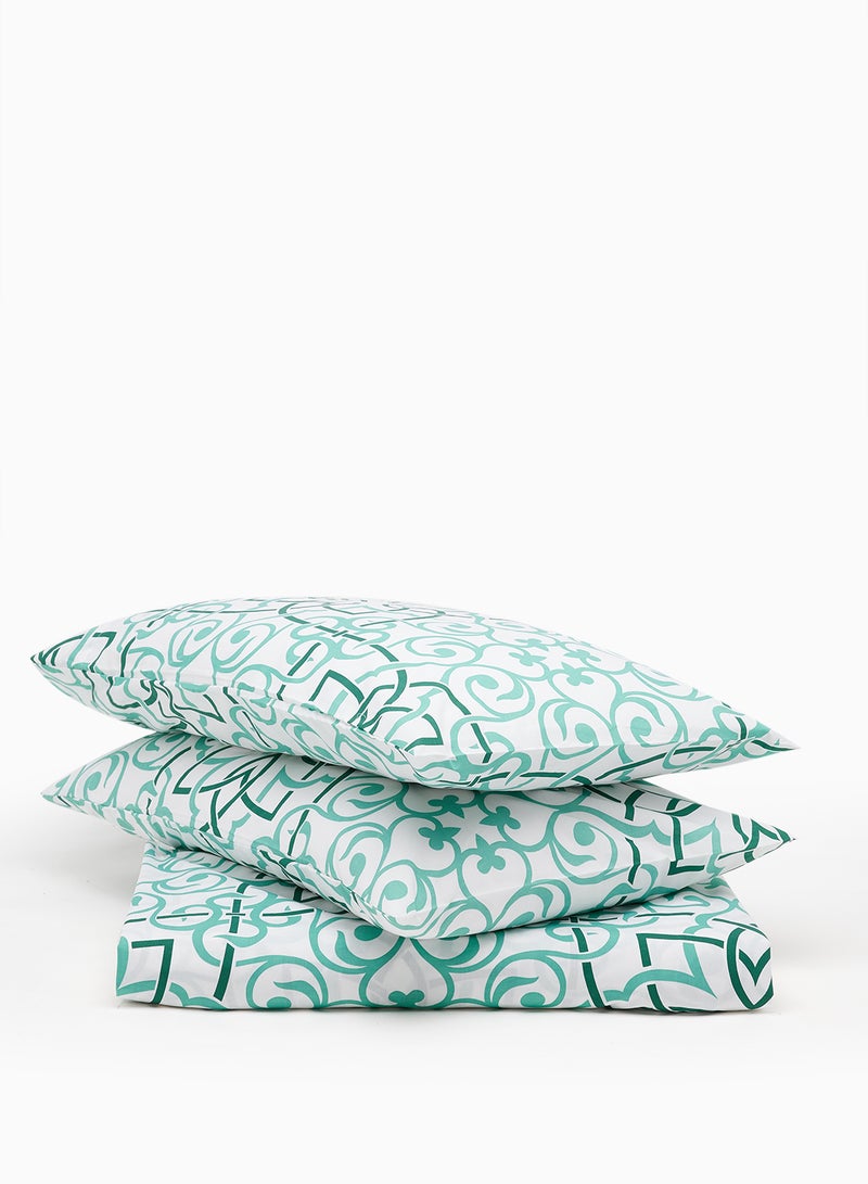 Noon East - Fitted Bedsheet Set Twin Size  100% Cotton Percale Light Weight Everyday Use 180 TC High Quality 1 Bed Sheet And 2 Pillow Cases Printed Design Green Color Green 120 x 200 + 33cm - Image 1