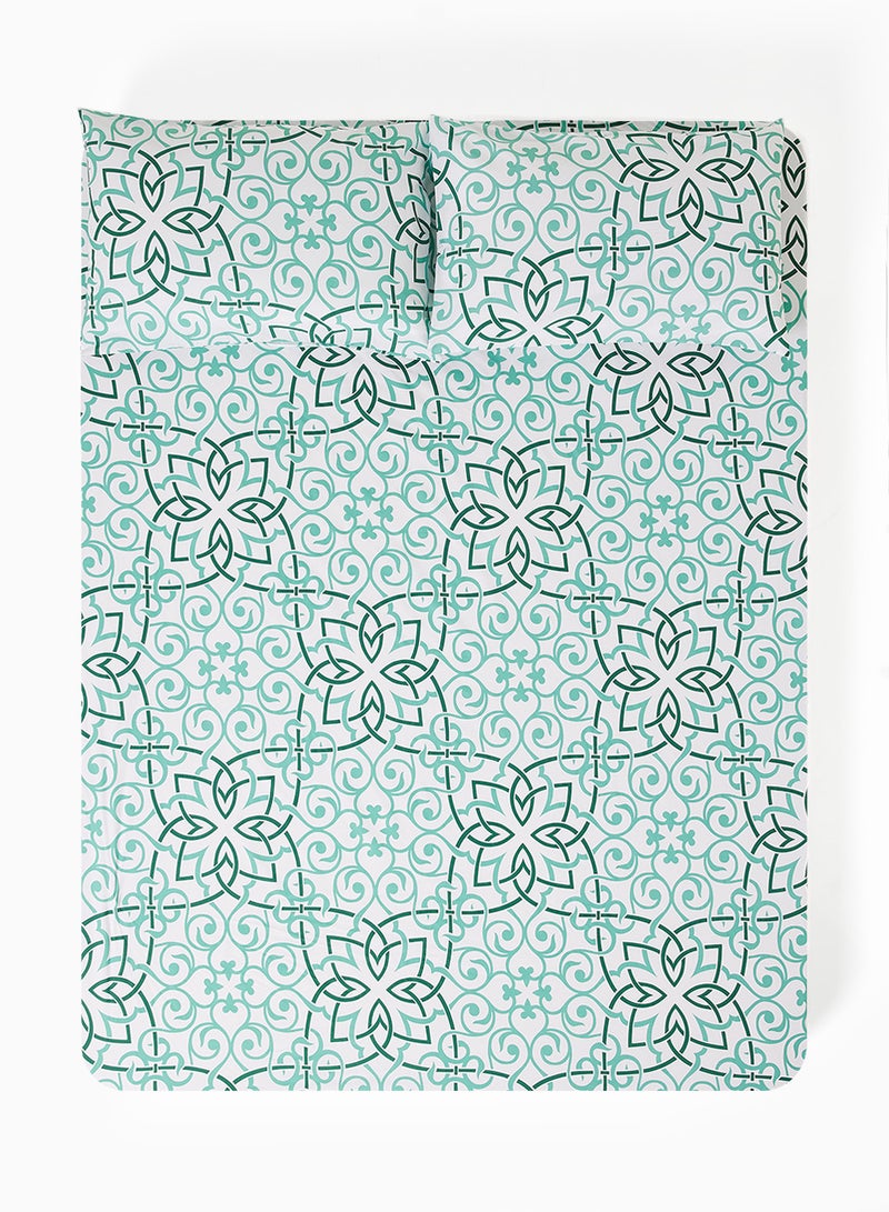 Noon East - Fitted Bedsheet Set Twin Size  100% Cotton Percale Light Weight Everyday Use 180 TC High Quality 1 Bed Sheet And 2 Pillow Cases Printed Design Green Color Green 120 x 200 + 33cm - Image 1
