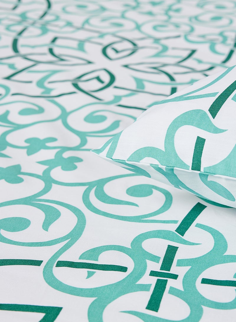 Noon East - Fitted Bedsheet Set Twin Size  100% Cotton Percale Light Weight Everyday Use 180 TC High Quality 1 Bed Sheet And 2 Pillow Cases Printed Design Green Color Green 120 x 200 + 33cm - Image 1