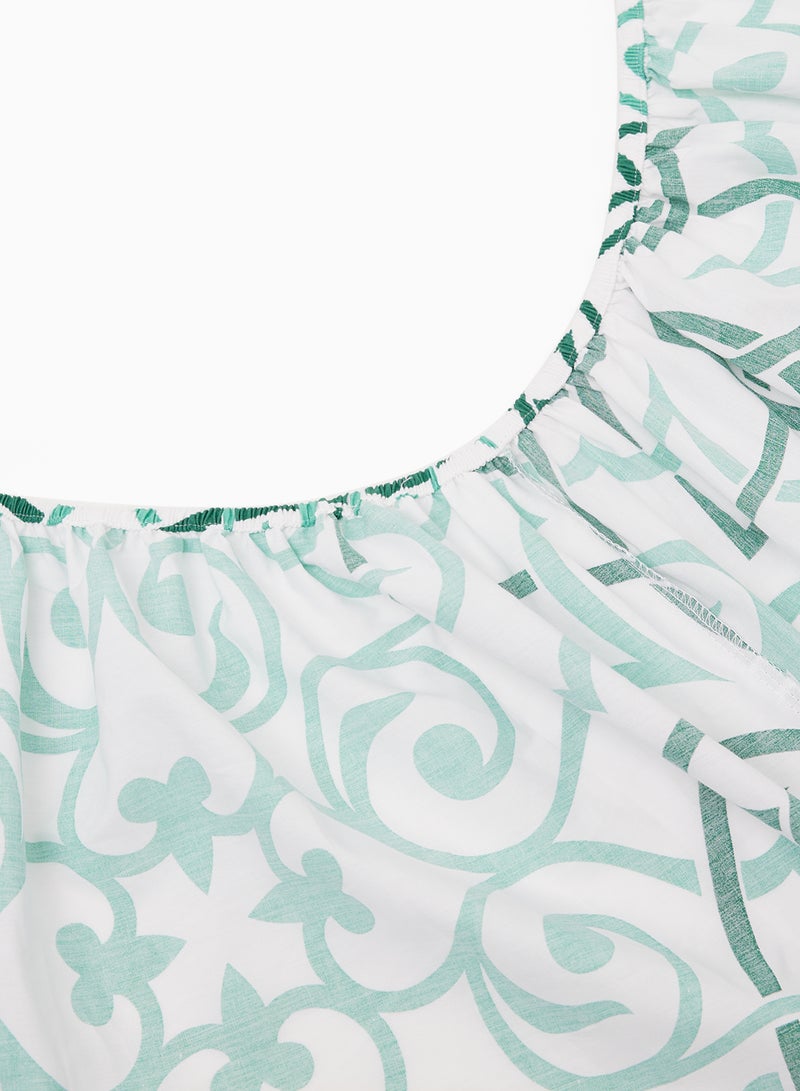 Noon East - Fitted Bedsheet Set Twin Size  100% Cotton Percale Light Weight Everyday Use 180 TC High Quality 1 Bed Sheet And 2 Pillow Cases Printed Design Green Color Green 120 x 200 + 33cm - Image 1