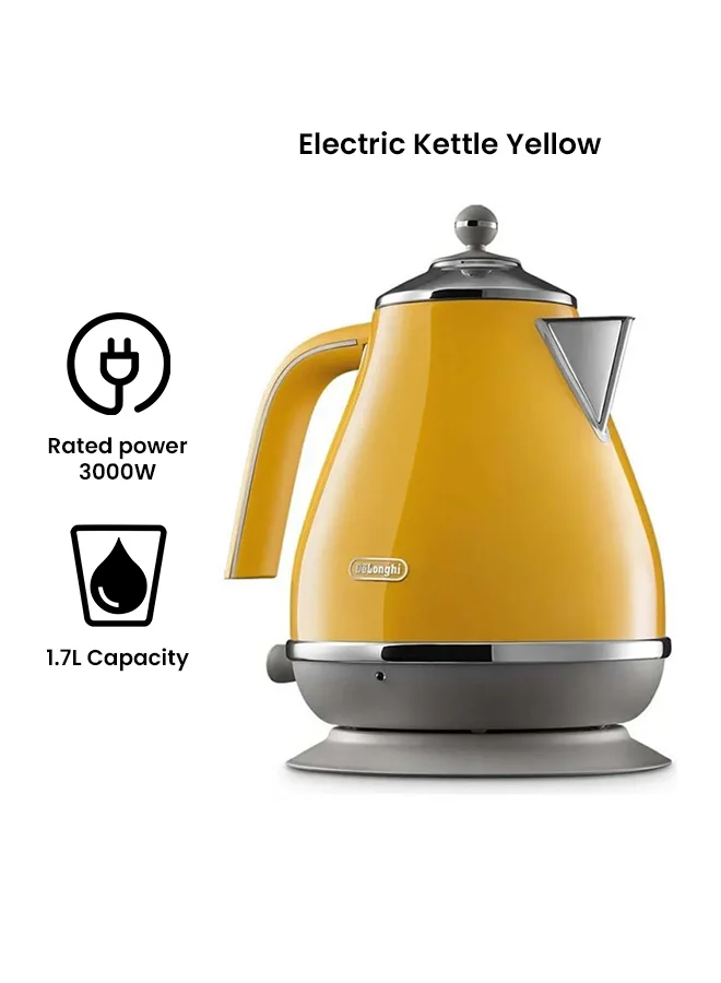 De'Longhi Icona Capitals Yellow Vintage Style Kettle, 1.7 L Capacity With Water Level Indicator, 360 Swivel Base, Anti-Slip Feet, Soft Opening Lid, Premium Stainless Steel 1.7 L 3000 W KBOC3001.Y yellow