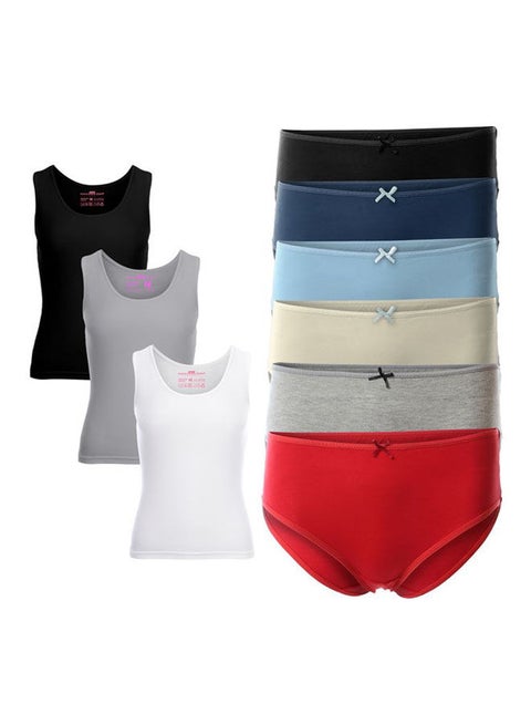 Set Of 3 Casual Plain Basic Round Neck Tank Top With Set Of 6High-Rise underwear set Multicolour
