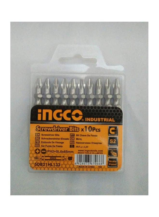 INGCO Screwdriver Bits Ph2/Sl6 65 Mm 10 Pcs Silver - Image 1