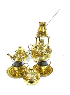 Copper Coffee Set With A Pot Jug Two Cups In The Plate And Sugar Gold