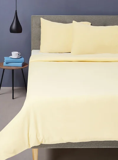 Noon East Duvet Cover Set- With 1 Duvet Cover 200X200 Cm And 2 Pillow Cover 48X74+12 Cm - For Queen Size Mattress - 100% Cotton 140 GSM Lemon