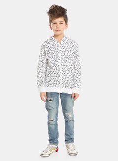 QUWA Boys Trendy All Over Printed Long Sleeve Cotton Casual Sweatshirt White/Navy Blue  - Image 2