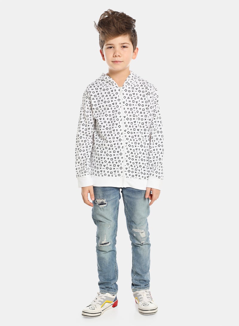 QUWA Boys Trendy All Over Printed Long Sleeve Cotton Casual Sweatshirt White/Navy Blue  - Image 2