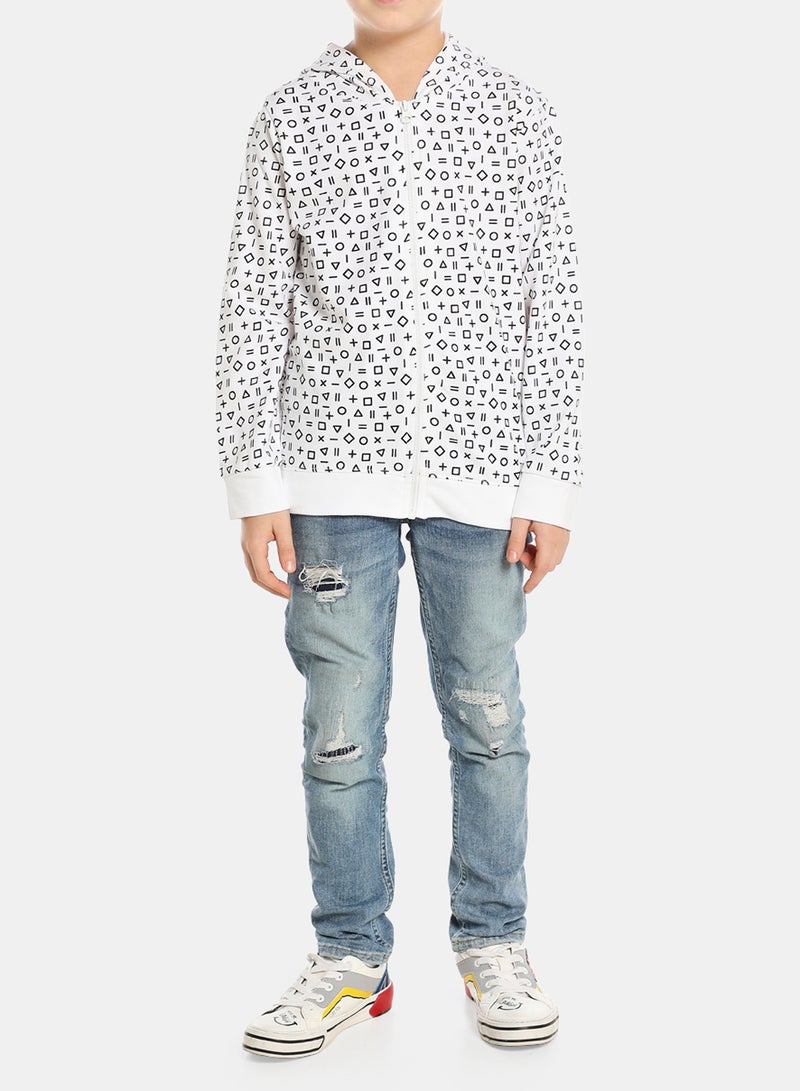 QUWA Boys Trendy All Over Printed Long Sleeve Cotton Casual Sweatshirt White/Navy Blue  - Image 3