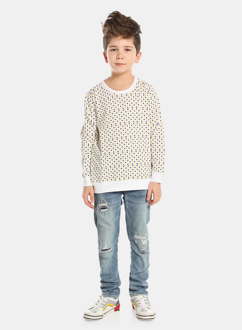 QUWA - Boys Comfortable All Over Printed Sweatshirt White/Navy Blue/Yellow - Image 1