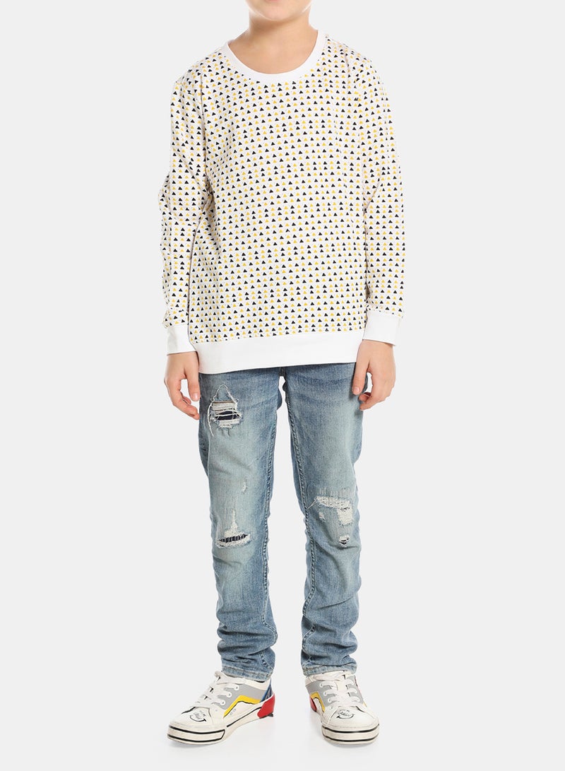 QUWA - Boys Comfortable All Over Printed Sweatshirt White/Navy Blue/Yellow - Image 1