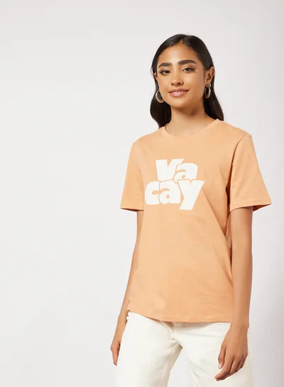 PIECES Text Print T-Shirt Light Orange