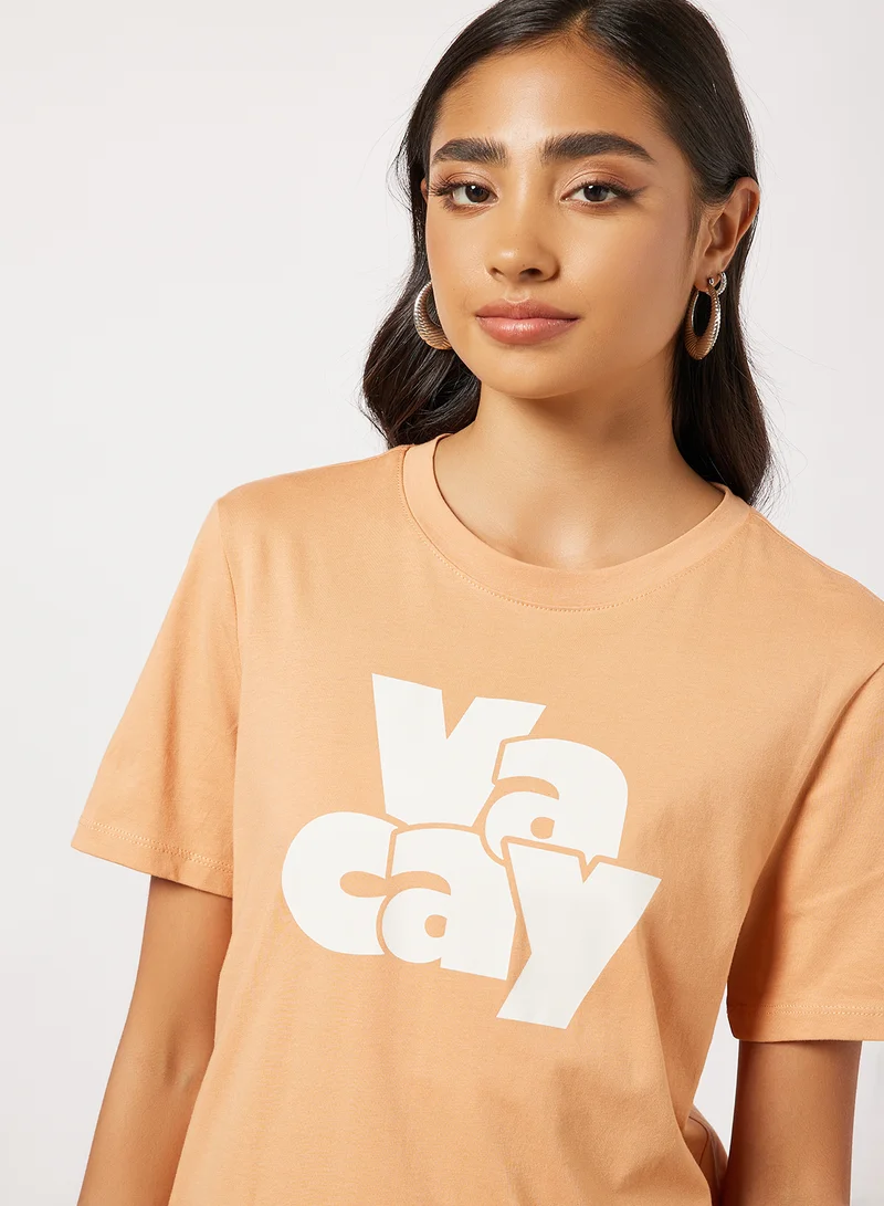 PIECES Text Print T-Shirt Light Orange