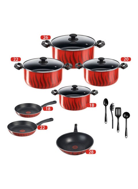 Tefal Tempo Cooking Set 15 Pcs 4 Stewpots 18,20,22,26 + 2 Frypan 18,22 + Wok Pan 28 + Free 4 Kitchen Tools Red