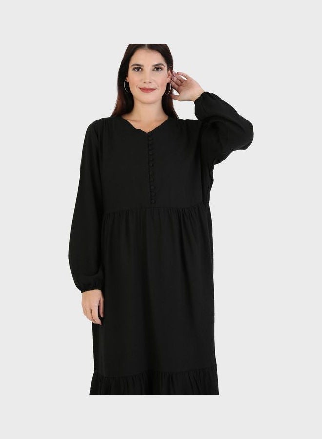 Button Detail Shirred Dress Black - v1645526452/N52633436V_3