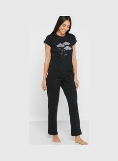 Printed Top And Pyjama Set For Women Black