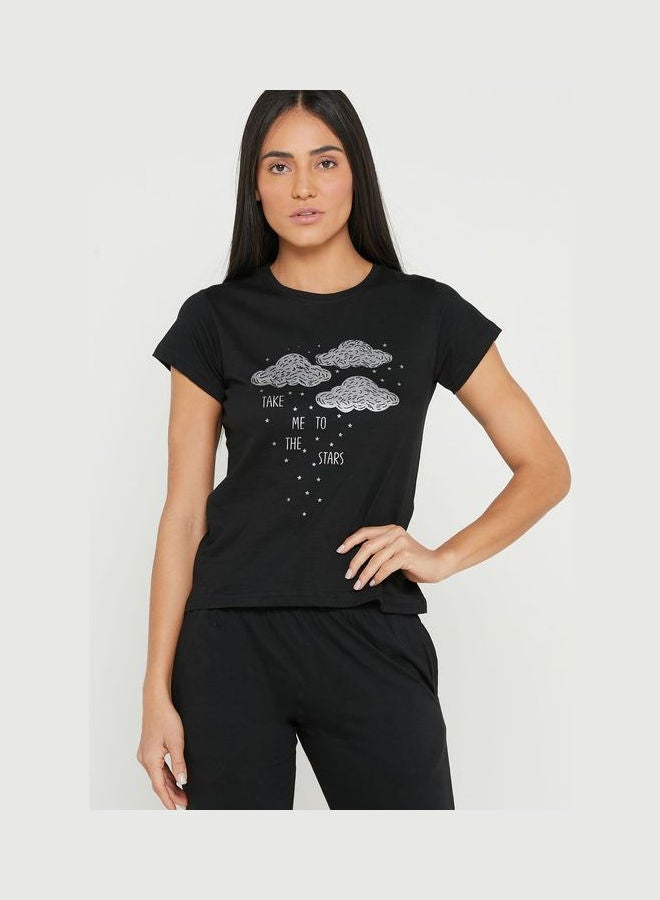 Clovia - Printed Top And Pyjama Set For Women Black - Image 1