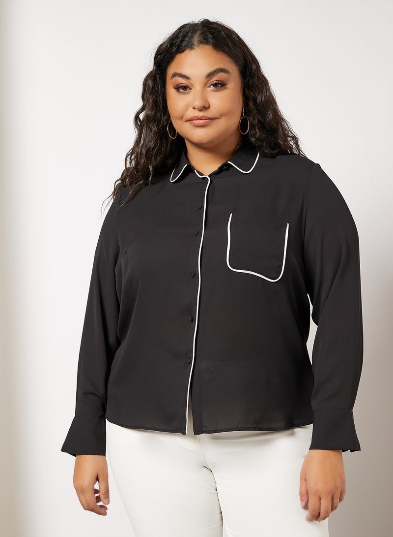 Violeta By Mango - Plus Size Contrast Piping Top Black - Image 1