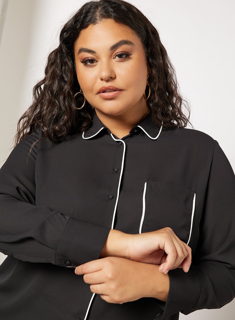Violeta By Mango - Plus Size Contrast Piping Top Black - Image 1
