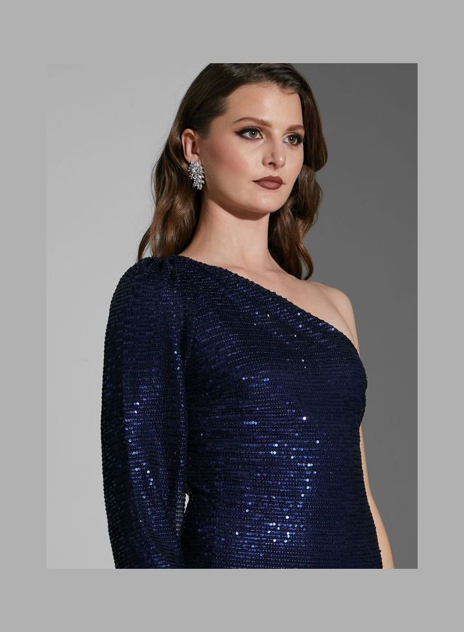 Shimmer One Shoulder Dress Navy