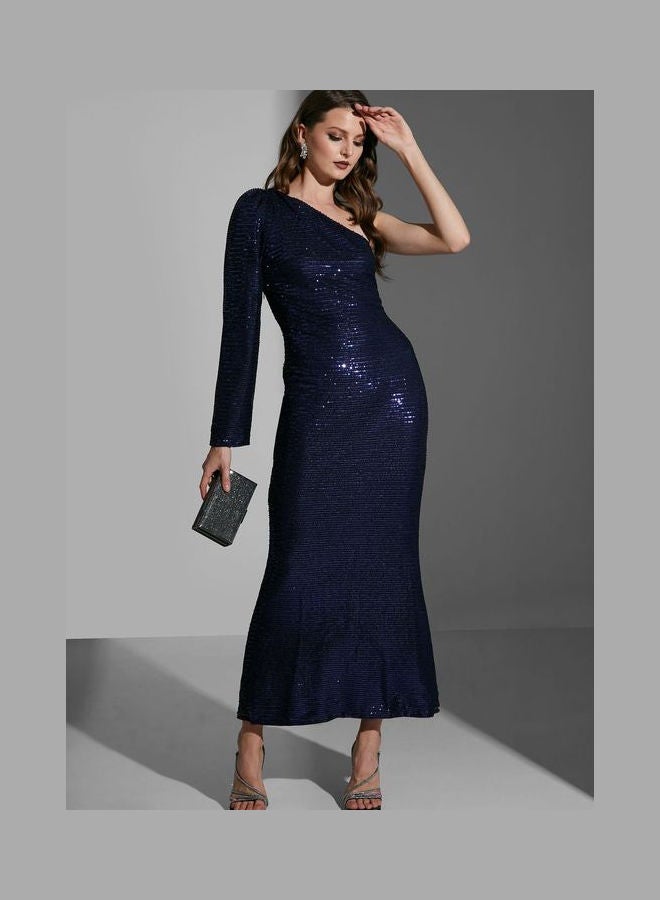 Shimmer One Shoulder Dress Navy