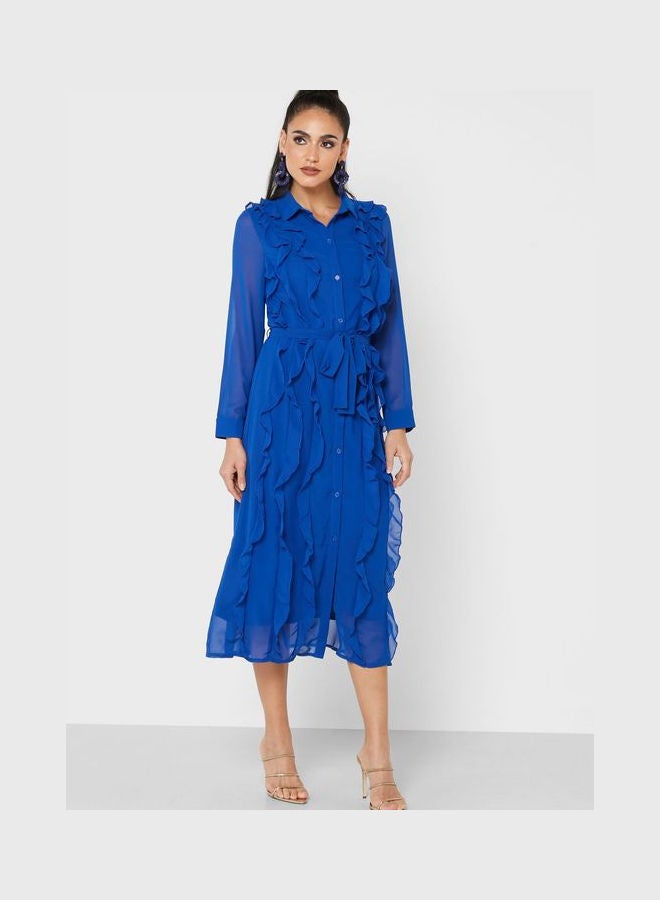 Khizana Frill Detail Button Down Dress Blue  - Image 1