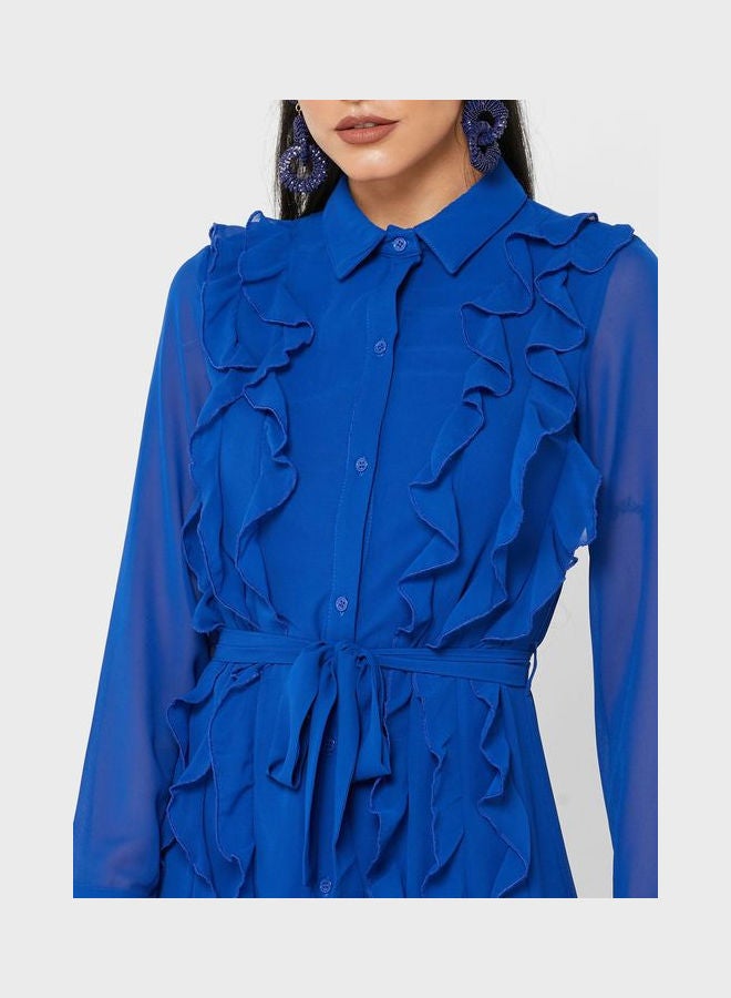 Khizana Frill Detail Button Down Dress Blue  - Image 3