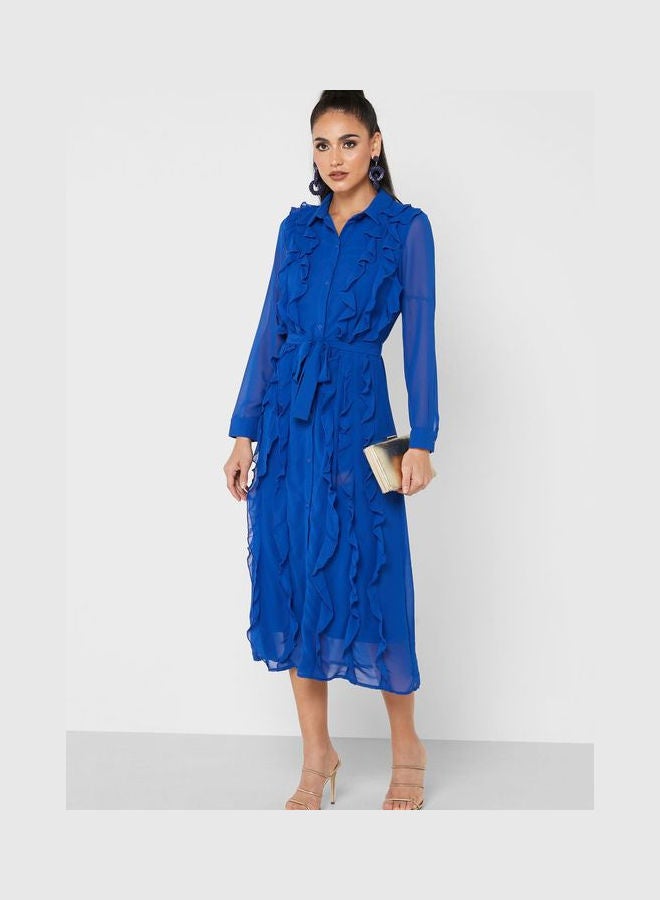 Khizana Frill Detail Button Down Dress Blue  - Image 4