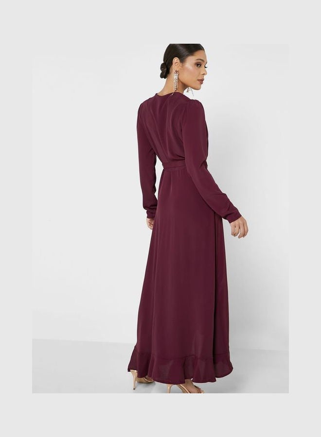 John Zack - Long Sleeve Wrap Frill Maxi Dress Burgundy - Image 1