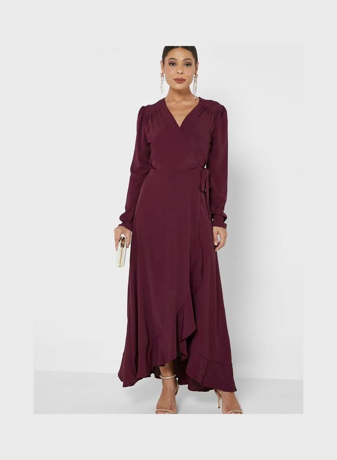 John Zack - Long Sleeve Wrap Frill Maxi Dress Burgundy - Image 1