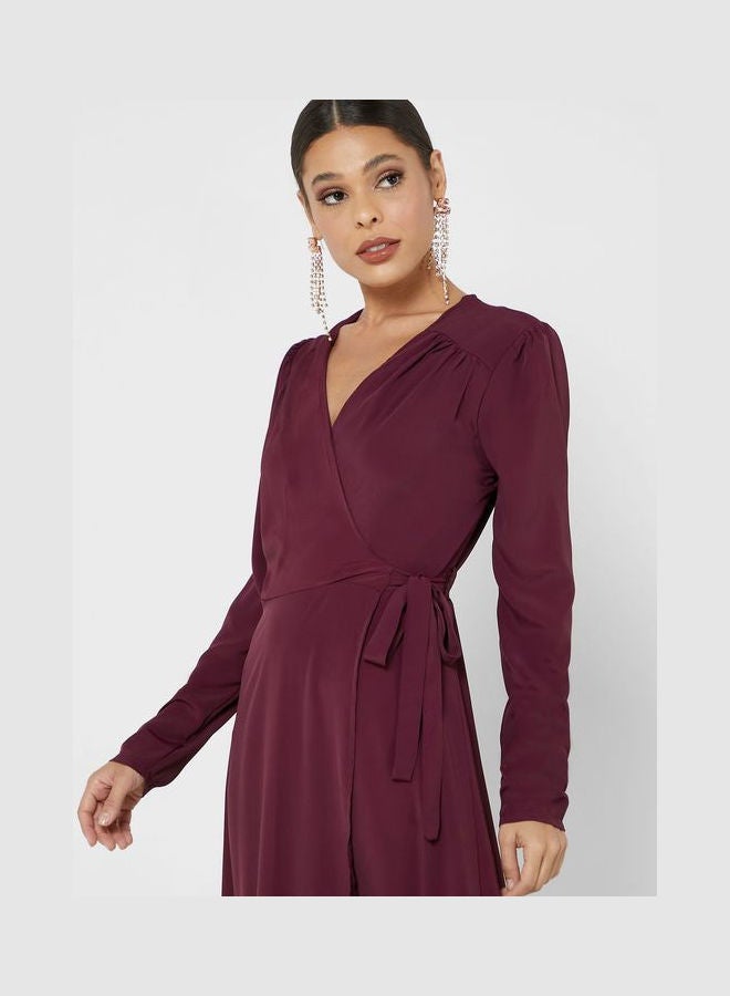 John Zack - Long Sleeve Wrap Frill Maxi Dress Burgundy - Image 1