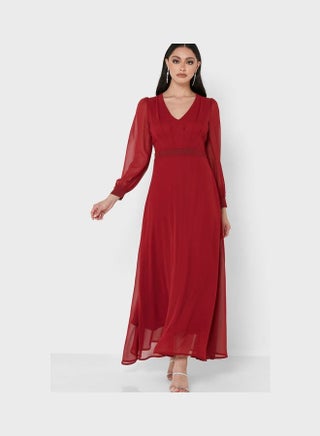 Sheer Sleeve Fit & Flare Dress Red - v1645540612/N52722535V_1