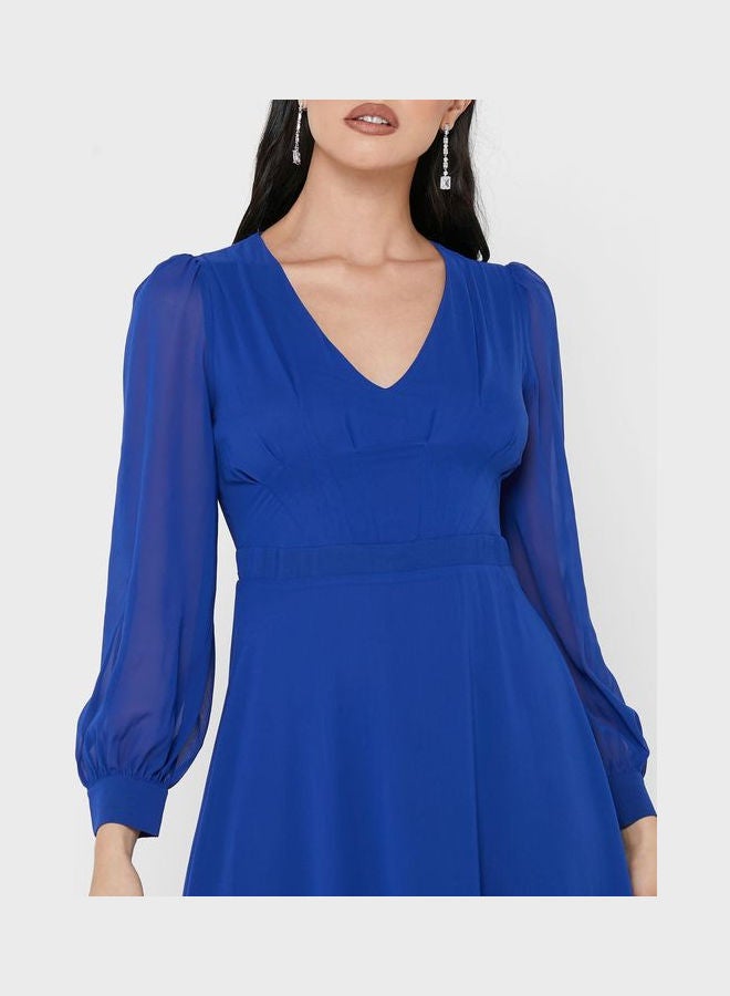 Sheer Sleeve Fit & Flare Dress Blue - v1645540613/N52722539V_3