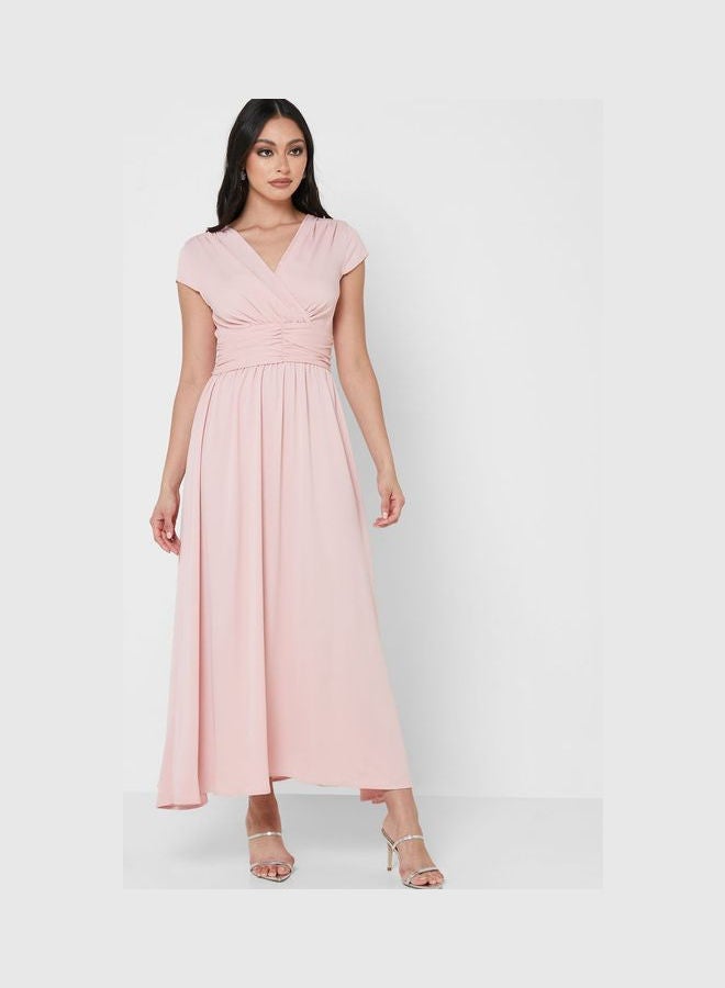 Khizana Ruched Waist Detail Fit & Flare Dress Pink - Image 1