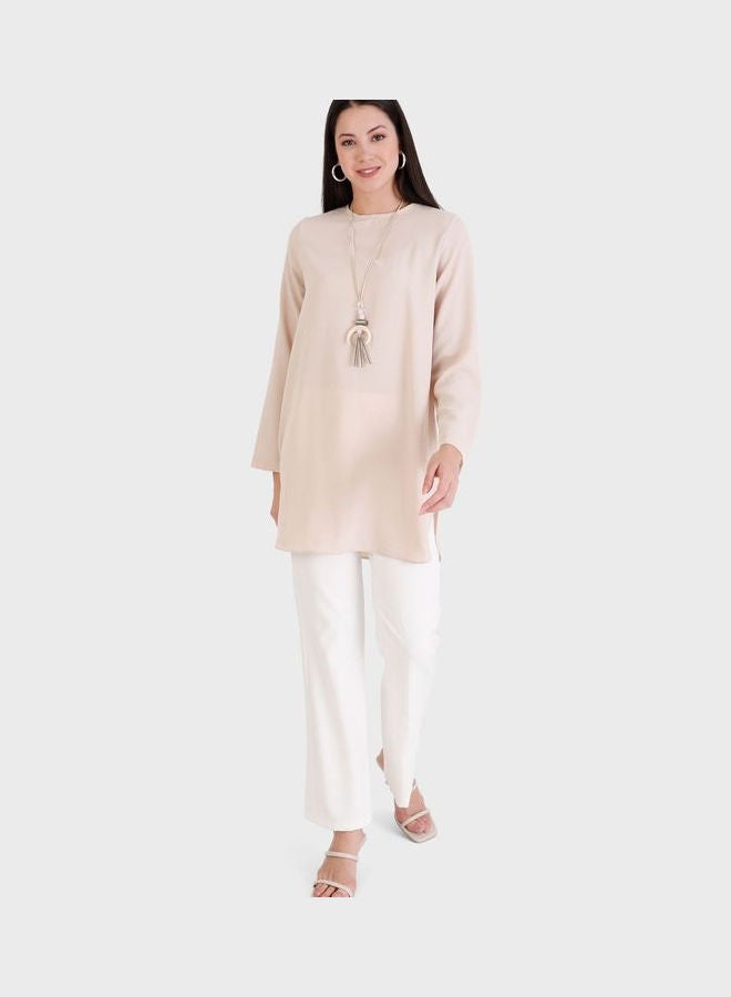 Refka by modanisa Crew Neck Knitted Tunic Beige  - Image 1